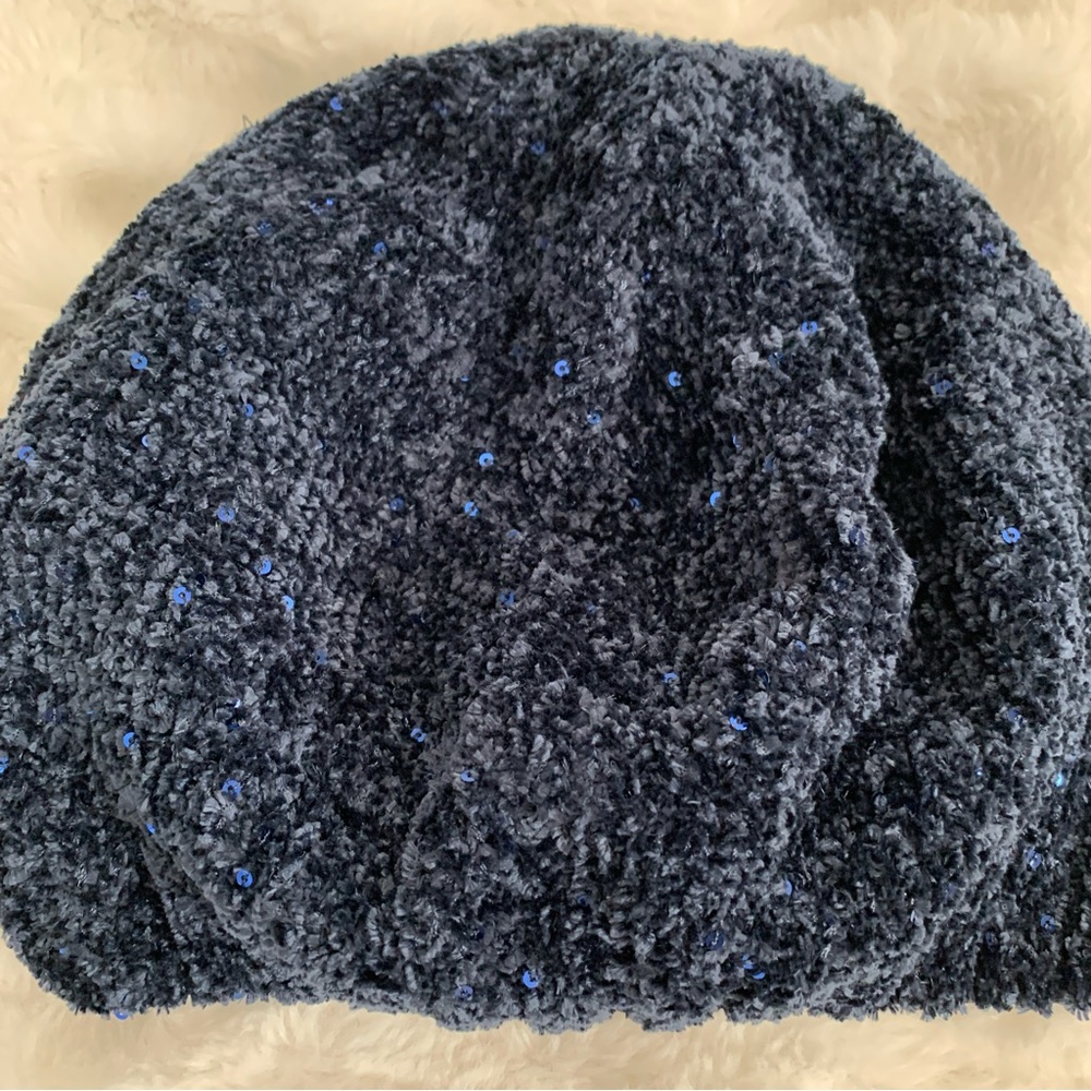 Knit Beanie Cap with Sequin Accents Navy Blue - Picture 4 of 4